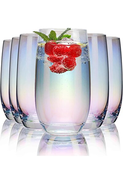EXRP Iridescent Drinking Glasses Set of 6 - Crystal Highball Water Glasses - ...