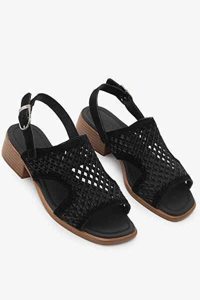 SAYL Black Suede Genuine Leather Knitted Detailed Low Heel Women's Sandals