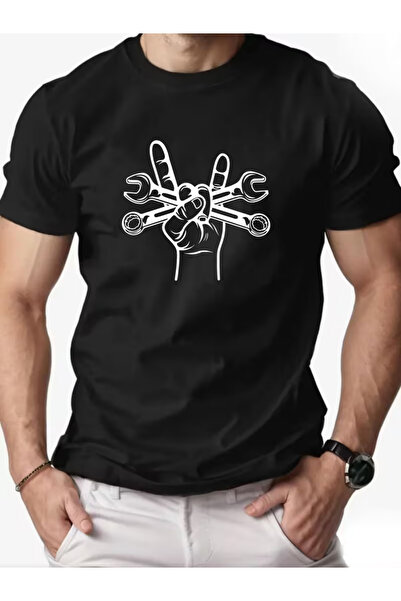 121 Men's Summer T-Shirt with Wrench Print, Round Neck, Short Sleeve
