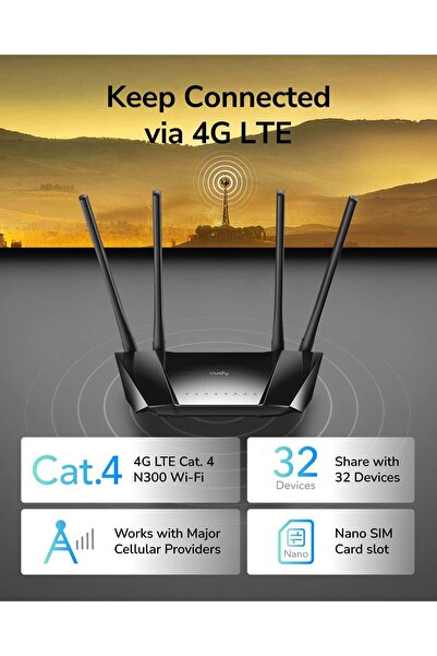 cudy راوتر N300 واي فاي غير مقفل بتقنية 4G LTE مع فتحة لبطاقة SIM، واي فاي بس...