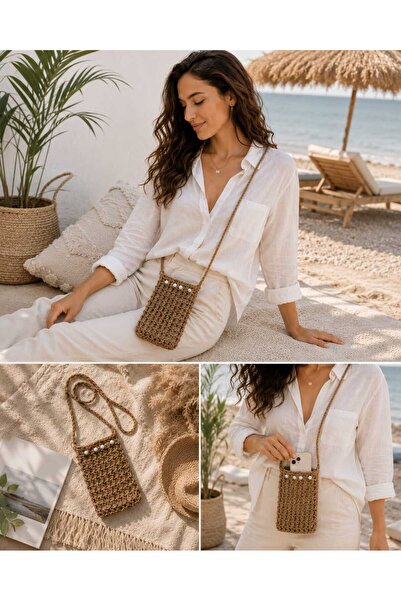 Stelo Forte Hand-Knitted Shoulder-Hanging Jut Rope Phone Bag - 10 (Width) X 17 (Length) X 55 (Height) cm