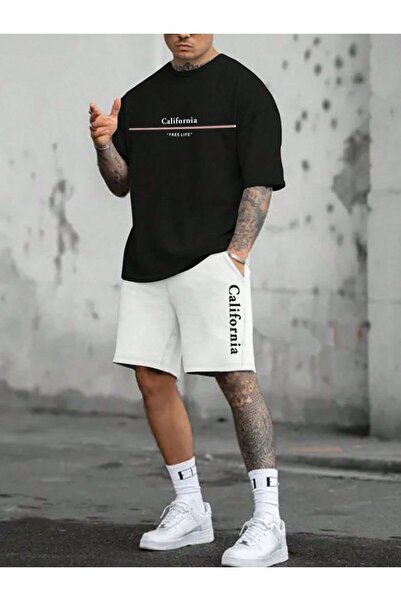 ONLY QUALİTY Unisex White Printed Tshirt Black Summer Tracksuit Set