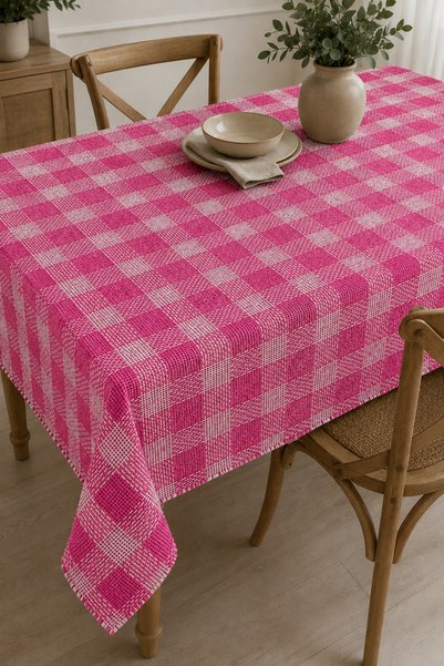 Sınwear Şanel Pink Fabric Checkered Tablecloth, Table Cover, Picnic Cover, Multi-Purpose Cover 150X150Cm