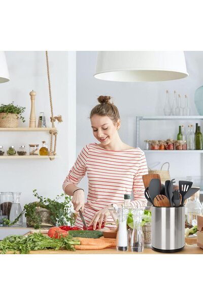 KASTWAVE Extra Large Kitchen Utensil Holder, 360° Rotating Stainless Steel Fl...