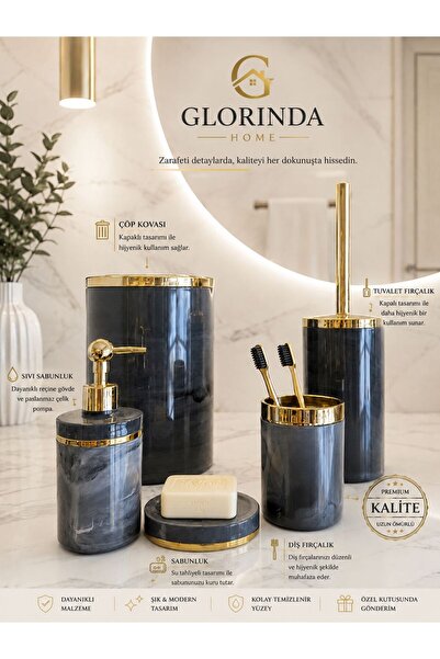 GLORİNDA HOME LÜKS GRİ RENK GOLD DETAYLI MERMER DESENLİ ÇÖP KOVASI WC FIRÇALI...