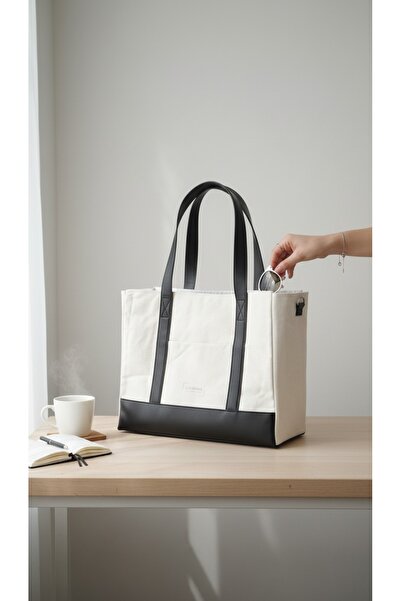 Caterina Collection Crude Leather Detailed Canvas Hand and Shoulder Bag