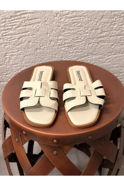 Beyond Women's Beige 3-Stripe Hrms Leather Slippers 1cm Byndst01