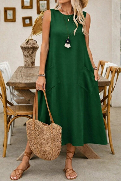 Beruflic Women's Strappy Round Neck Long Dress with Kiloş Pockets