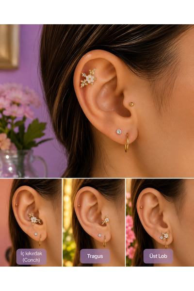 GB Sign Çiçek Tasarımlı Zirkon Taşlı Çelik Kulak Piercingi