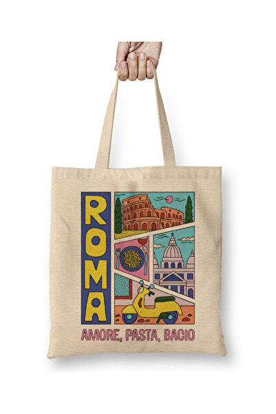 Toyaso Rome Italy Travel Sightseeing Vintage White Cloth Bag Long Handle Shop...