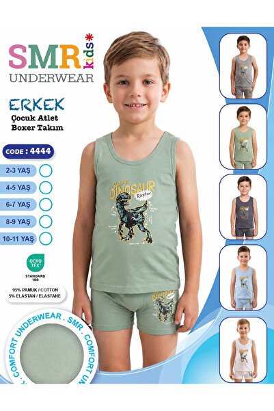 Kids Erkek Çocuk Açık Yeşil Dinazor Desenli Atlet Boxer Takımı