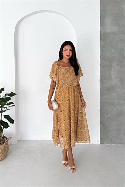 Neşeli Butik Women's Beige Madonna Collar Chiffon Patterned Midi Length Dress...
