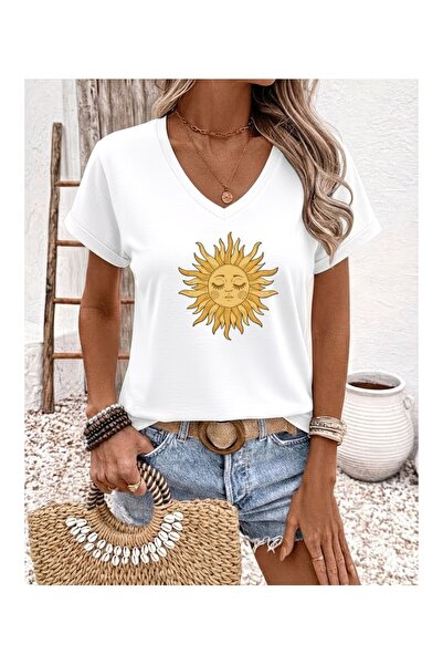 JENOLAN Tricou de damă cu decolteu în V, cu imprimeu solar, oversize, lejer