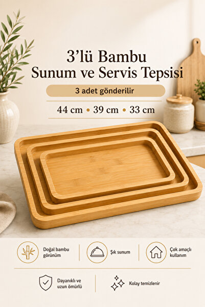 Musullu 3 Adet Bambu Oval Sunum ve Servis Tepsisi - Ahşap Tepsi - Yağdanlık A...