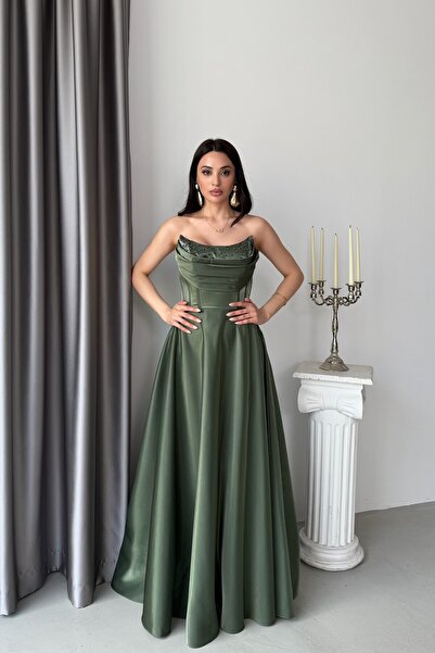 Serica Moda Khaki Stone Embroidered Strapless Satin Evening Dress