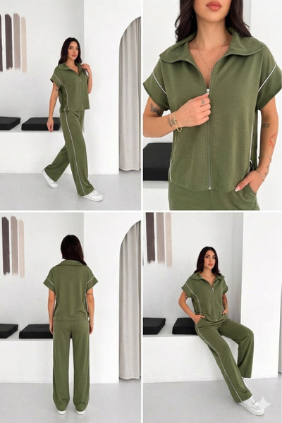 winmoda Set de vestă cu fermoar din țesătură modală pentru femei, cu pantalon...