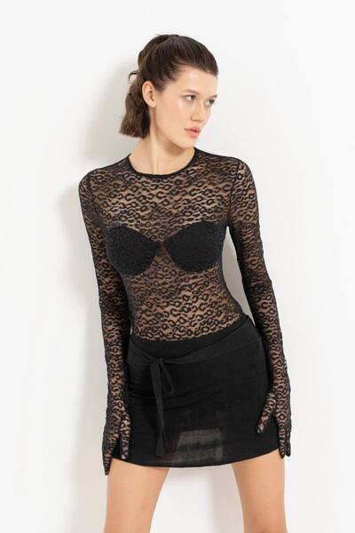 Kikiriki Kendinden Eldivenli Dantel Bodysuit