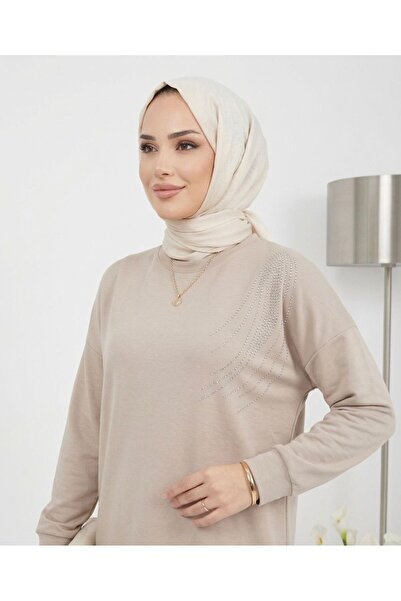 wishne Stone Detailed Indigo Hijab Tunic – Casual Stylish Long Tunic Model