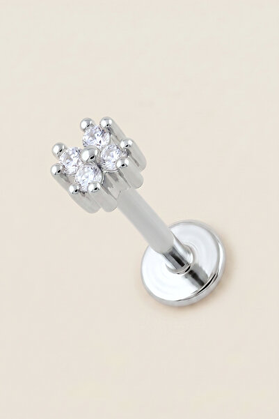 Hetra Gümüş Renkli Cerrahi Çelik Minik Zirkon Taşlı Flatback Piercing - Helix...