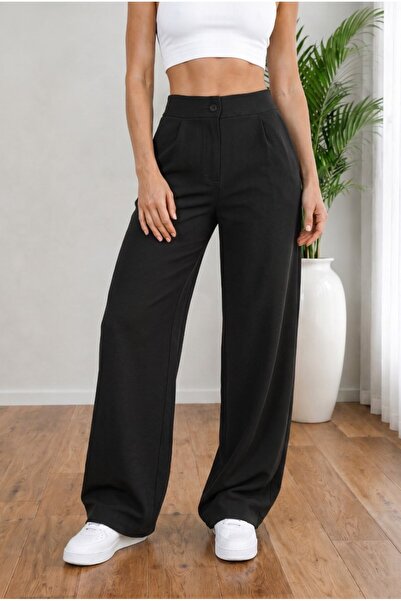 BİKELİFE Women's Black High Waist Loose Fit Lycra Wide Leg Palazzo Trousers