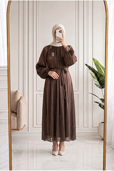 MİHRA STORE Sabina Front Gathered Janjan Dress-Ge834 Brown