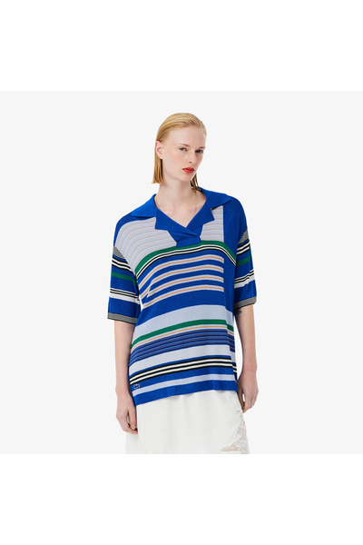 Lacoste SS26 RUNWAY Kadın Oversize Fit Kısa Kollu Polo Yaka Lacivert Triko