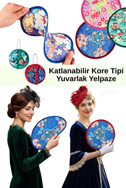 Shopura Desenli Katlanabilir Yazlık Taşınabilir El Yelpazesi - Kore Tipi Yuva...