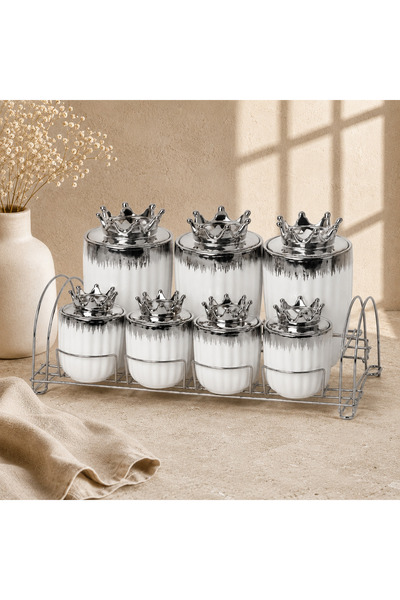 Vadi Crowned Silver Patterned Porcelain Spice Set 7-Piece Set Storage Jar with Metal Stand