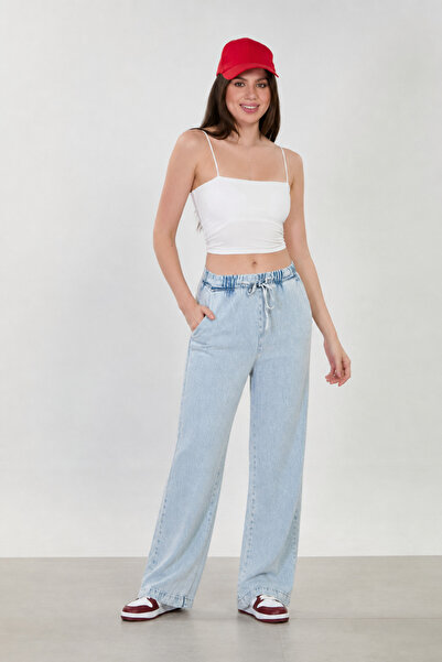 BARRELS AND OIL Women's Drawstring Waist Loose Jean Pants - Ice Blue