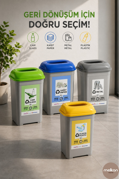 Melkan Home 4’lü Geri Dönüşüm Atık Kutusu Seti 50 Litre – Cam, Kağıt, Plastik...