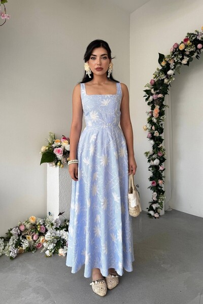 Miss Beyoğlu Women's Square Collar Thick Strap Long Dress with Embroidery Detail