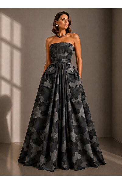 ALYEL NAKER Utility Pocket Detailed Maxi Length Strapless Poplin Dress