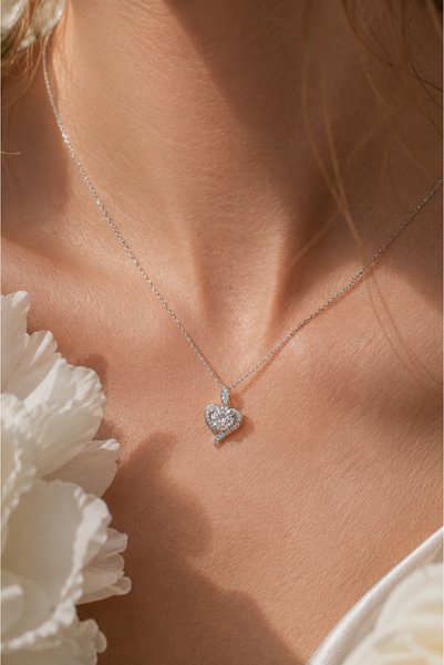 sara silver Modern Kalp tasarım 925 Ayar Gümüş Kolye - Hediye Kutulu