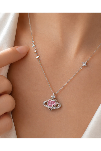 sara silver Minimalist Yıldız Detaylı Kalp Gezegen Gümüş Kolye (925 Ayar)