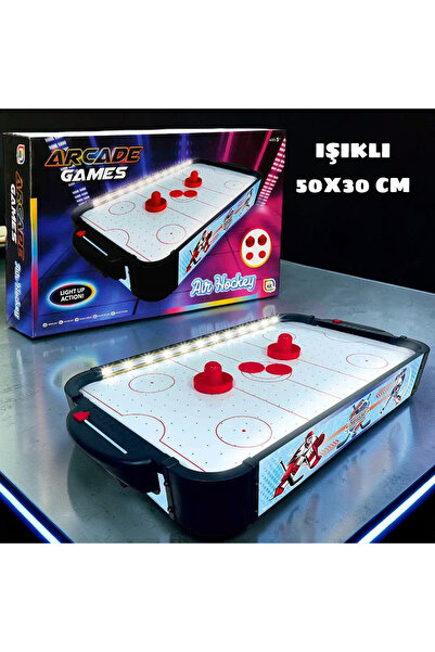 Ahşap LED Işıklı Masaüstü Air Hockey Oyunu 50x30 cm 2 Kişilik Hava Hokeyi