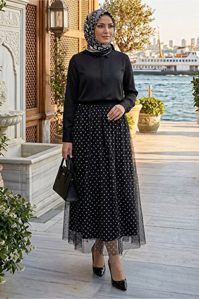 TOFİSA Polka Dot Patterned Skirt - 28402-Black