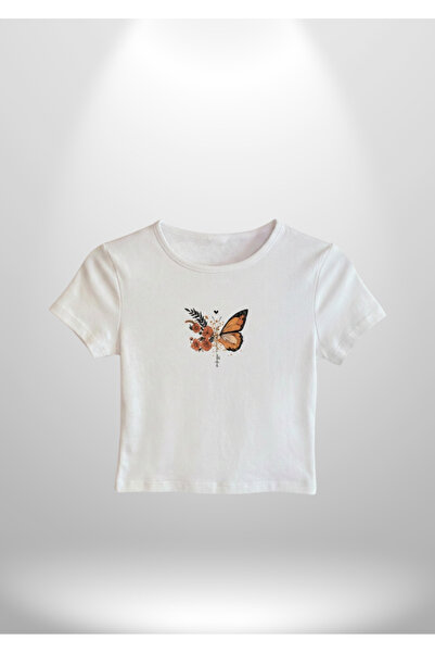 Flora & Butterfly Baskılı Beyaz Crop T-Shirt