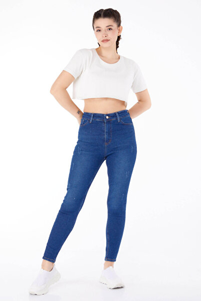 TOFİSA Straight Medium Women's Dark Blue High Waist Tight Jeans - 25179