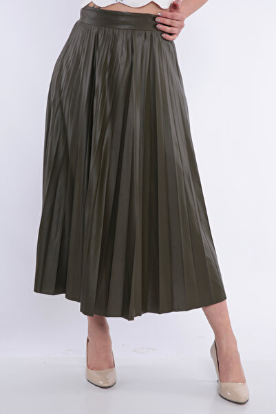 FIRST STYLE Turkish Leather Pleated Skirt Decorated with Nuts in Oil Color an...