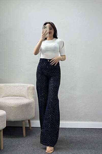 BELENDİR Women's Stoned Striped Jeans Dark Blue