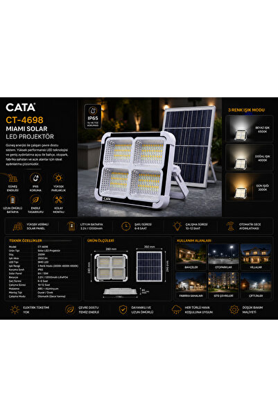 Cata CT-4698 Miami Solar LED Projektör Güneş Enerjili IP65 Dış Mekan Aydınlatma