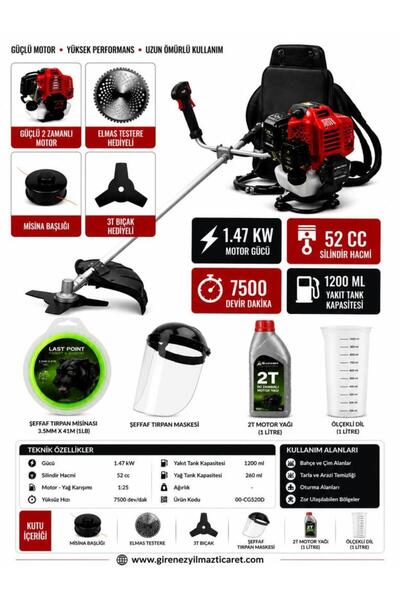Algaride Ibelt 52cc Sırt Tipi Benzinli Tırpan 1.47 kW 7500 Dvr Misina Başlığı...