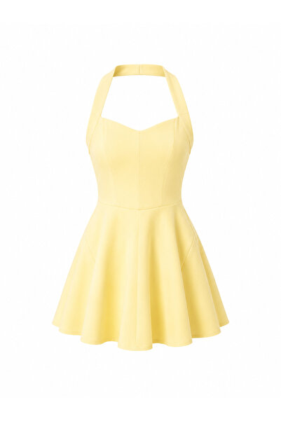 Elvan Güven Sarı Halter Yaka Kloş Mini Elbise