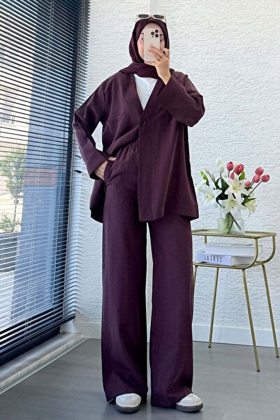 MELEK ARAZ Premium Tek Düğmeli Modal Pantolon Takım - Mürdüm