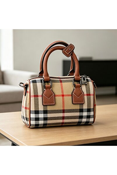 Bleco Vintage Plaid Leather Handle Mini Barrel Bag Daily Match Hand Purse