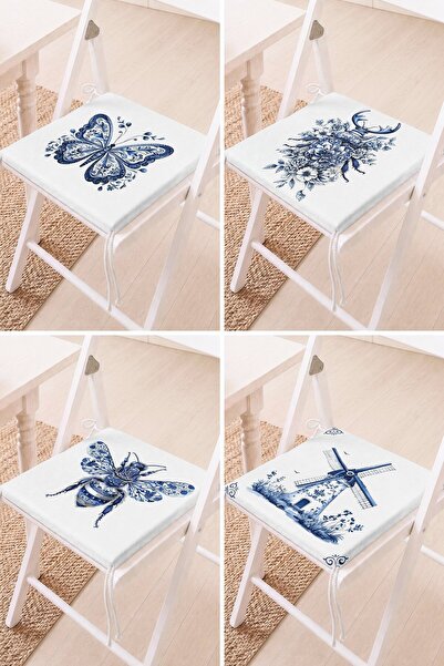 Home Set of 4 Blue and White Deer and Mill Patterned Lace-Up Chair Cushions