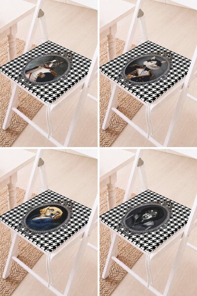 Home Set of 4 Black and White Houndstooth Patterned Oval Framed Animal Portra...