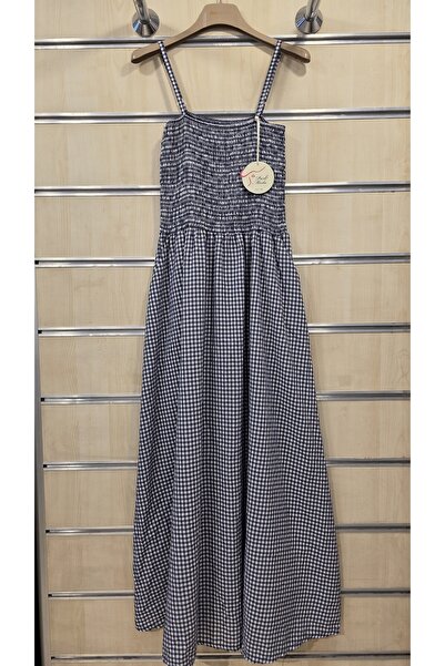 Park Moda Strappy Cotton Long Dress with Gingham Pattern