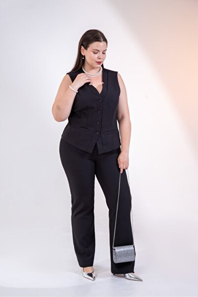 Roxxlen Women's Plus Size Button Detailed Vest Suit