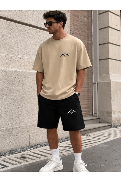 x-compass life Unisex Oversize Mountain Patterned Shorts Set – Minimal Street...